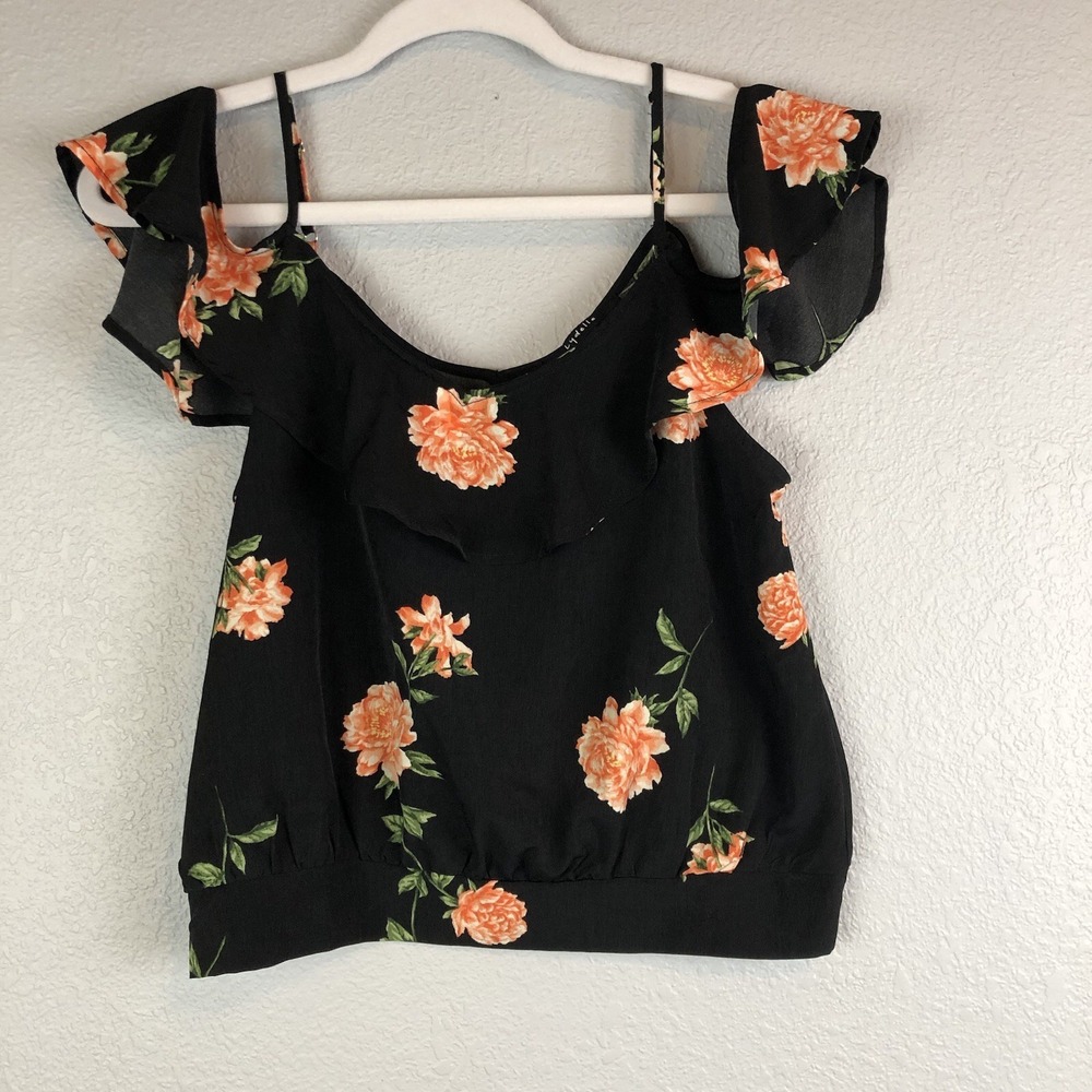 Lydelle Medium Floral Black Cold Shoulder‎ Blouse Fairy Tale Ruffle Sleeve Crop
